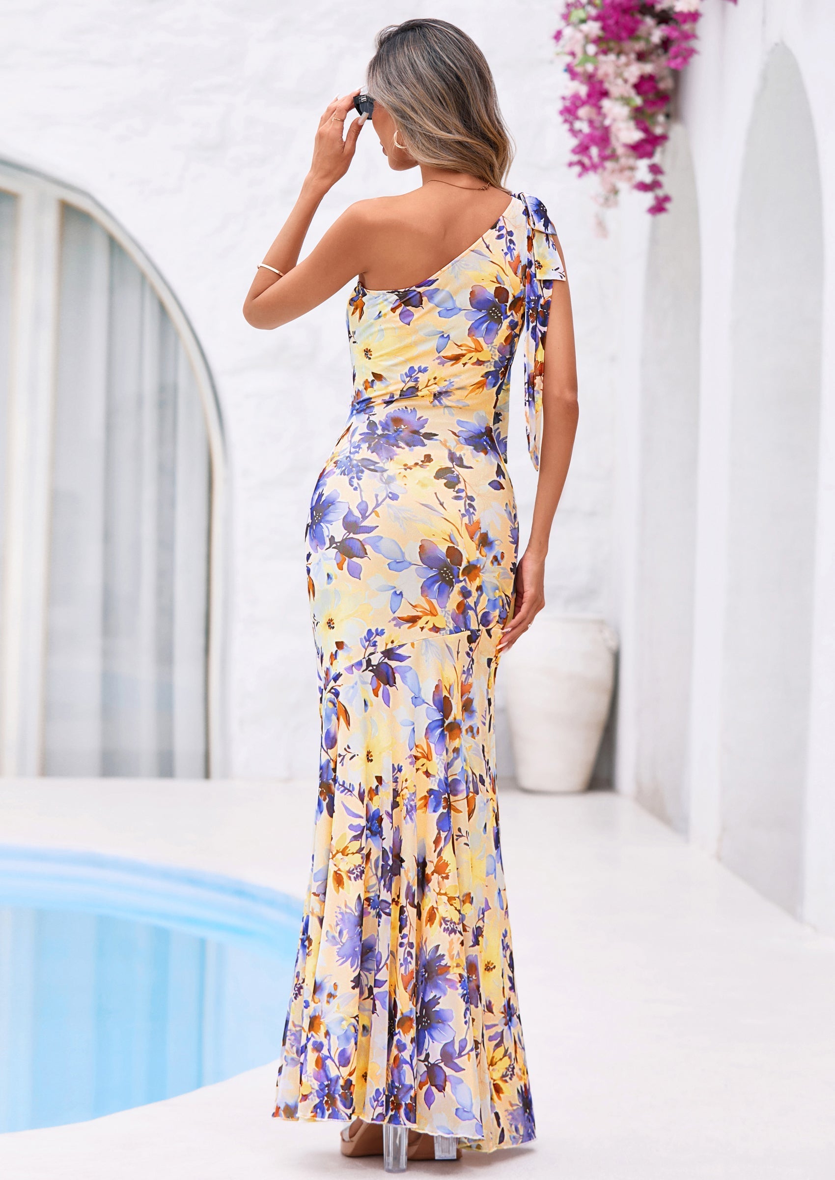 PRETTYGARDEN Womens Summer One Shoulder Maxi Dress Floral Sleeveless Bodycon Mesh Long Formal Wedding Guest Dresses PRETTYGARDEN